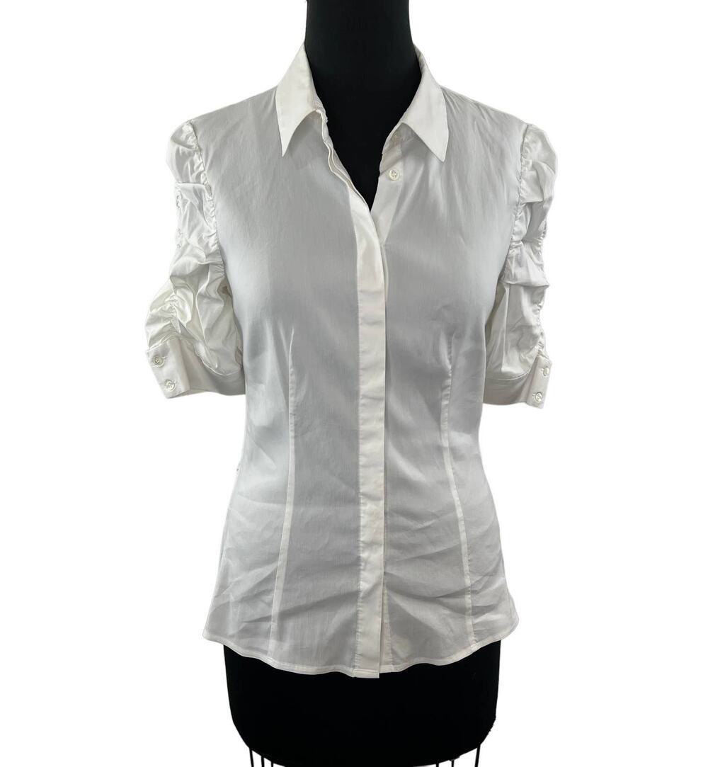 Marc Cain White Short Sleeve Button-Up Shirt Ruched Puff Sleeves Collar 2 XS
